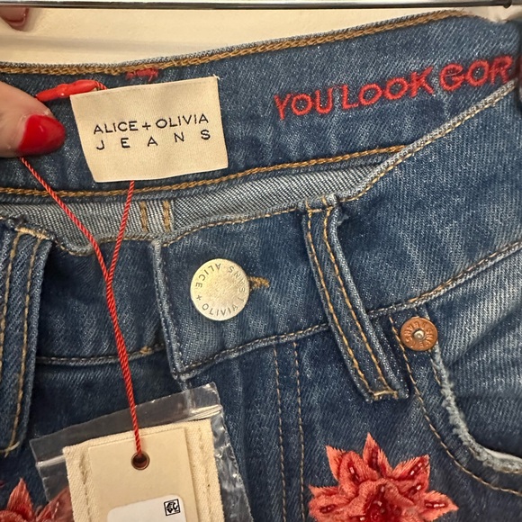 Alice + Olivia Blue Floral Embroidered Flare Jeans - Picture 12 of 15